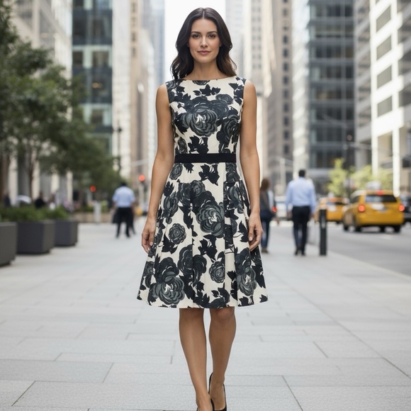 Milly of New York Cream and Black Floral Fit and Flare with Pockets Dress 6 - Picture 1 of 9